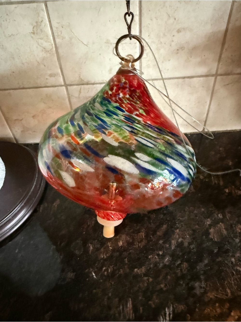 Hand-Blown Multicolor Glass Hanging Ornament - Red Accent